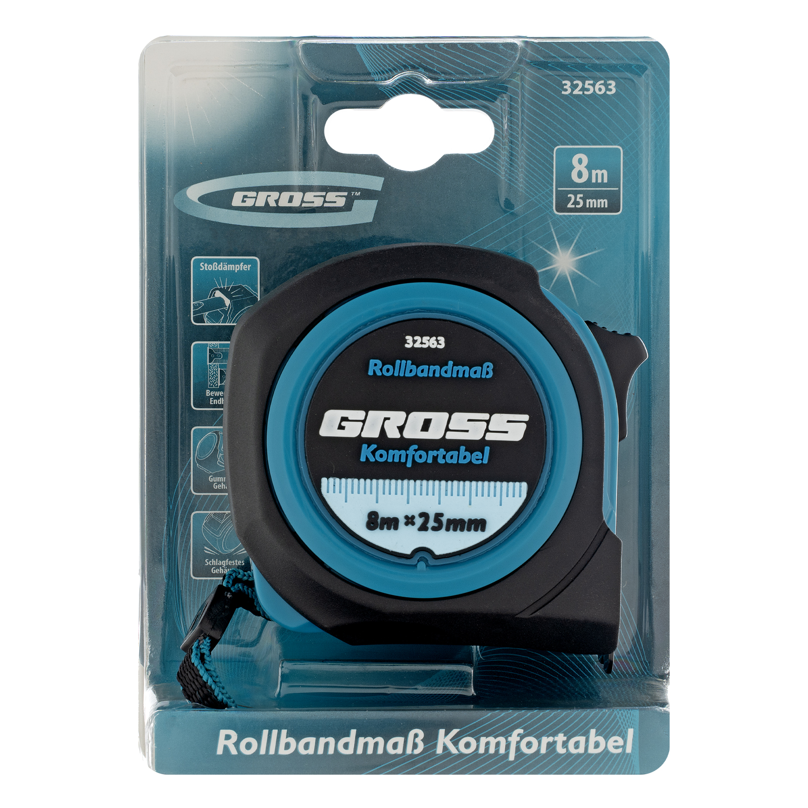 Рулетка Komfortabel 8 м х 25 мм,обрезиненный корпус Gross 